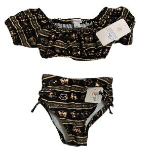 Flapdoodles Kitty Cat Swim Suit Top and Bottom Girl’s Size 3T Black Gold New